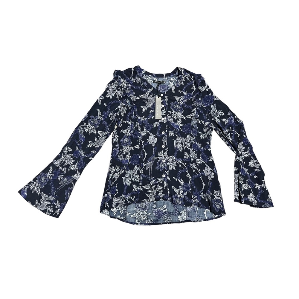 NWT Max Jeans button down bird and floral raw hem ruffled bell sleeve bl…